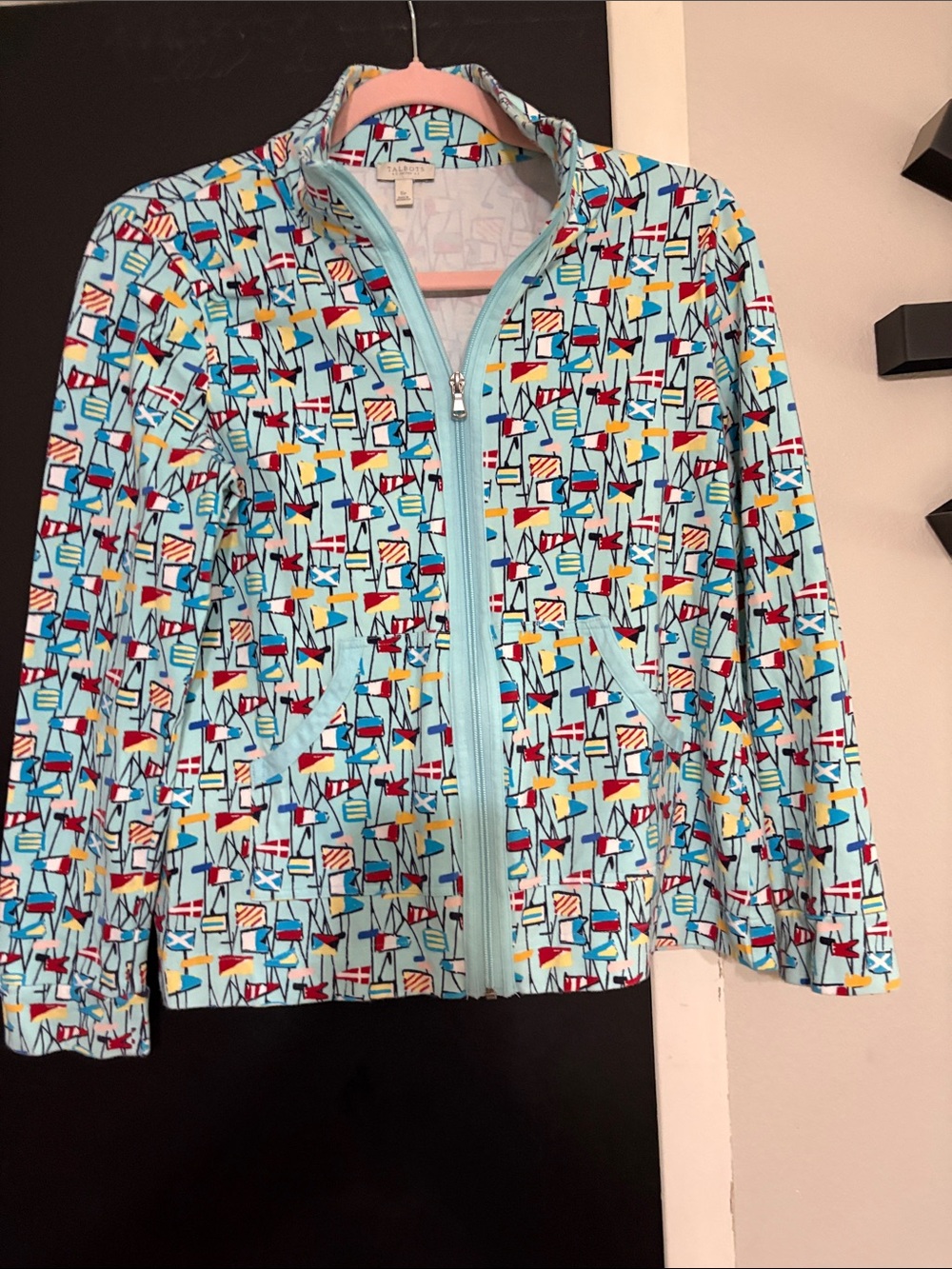Talbots Light Blue Flag Print Zip-Up Jacket size is Small petite